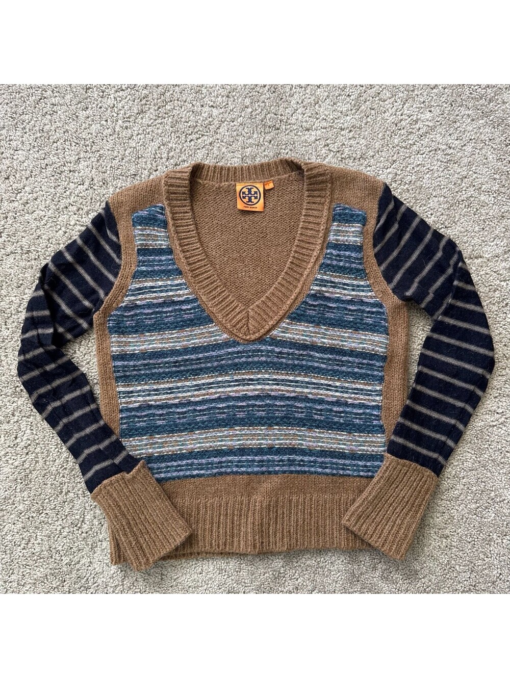 Tory Burch V-Neck Striped Wool-Alpaca Blend Sweater